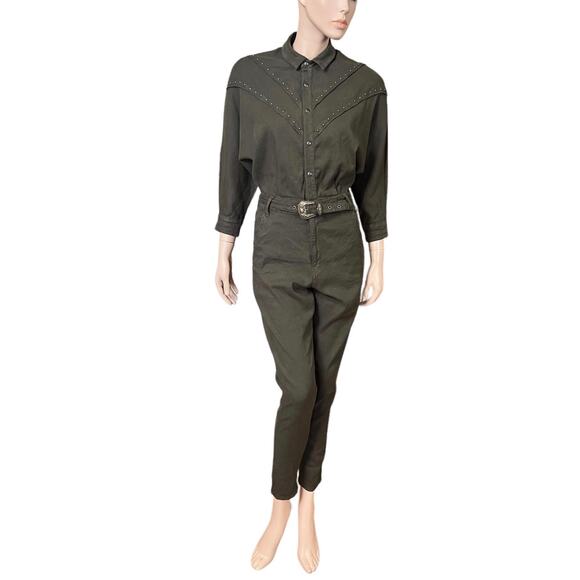 The Kooples Studded Kaki Linen Belted Jumpsuit Size 1 French Brand True To Size - Picture 1 of 15